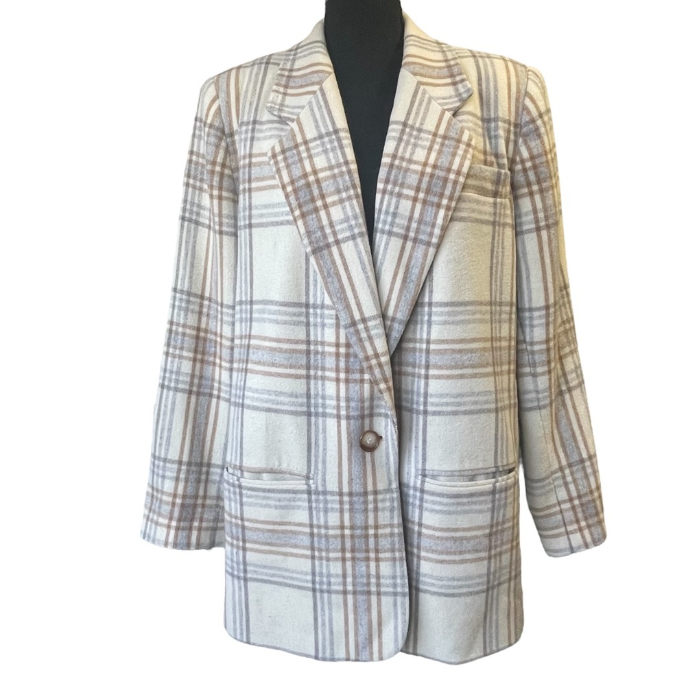 Vintage Tartan Plaid Wool Blend Blazer Boxy Preppy Structural Neutral Size L/XL - Picture 3 of 15